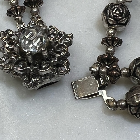Vintage Silver Rose Clear Crystal Faceted Three Strand Necklace -18" - Picture 5 of 5